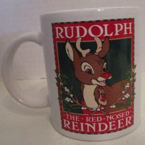 Rudolph the Red Nosed Reindeer White/Green/Red Holiday Ceramic Coffee Mug 12 OZ